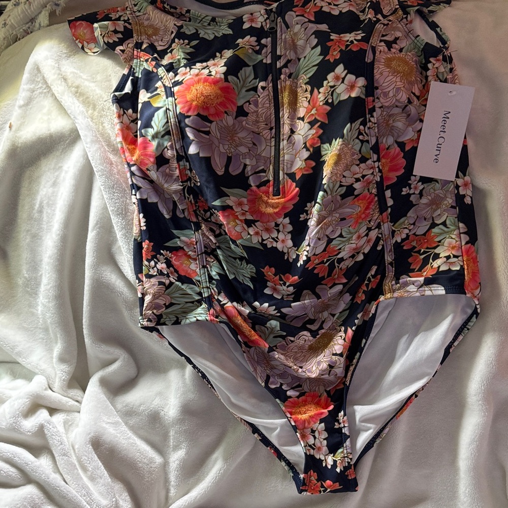 Curve 2XL Floral One Piece Swimsuit - Black and Orange